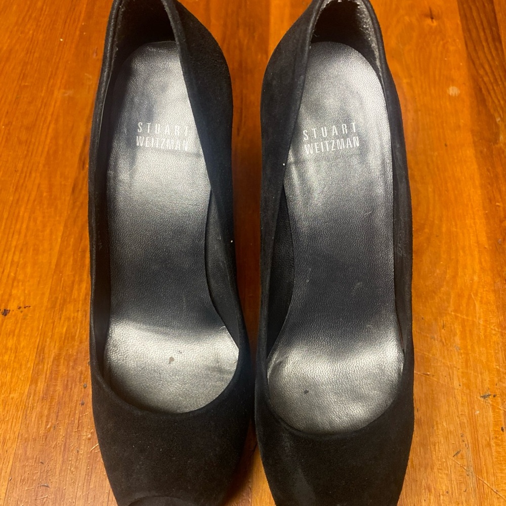 Stuart Weitzman Archer Black Suede With Tortoise Shell Accent Peek a Boo Heels